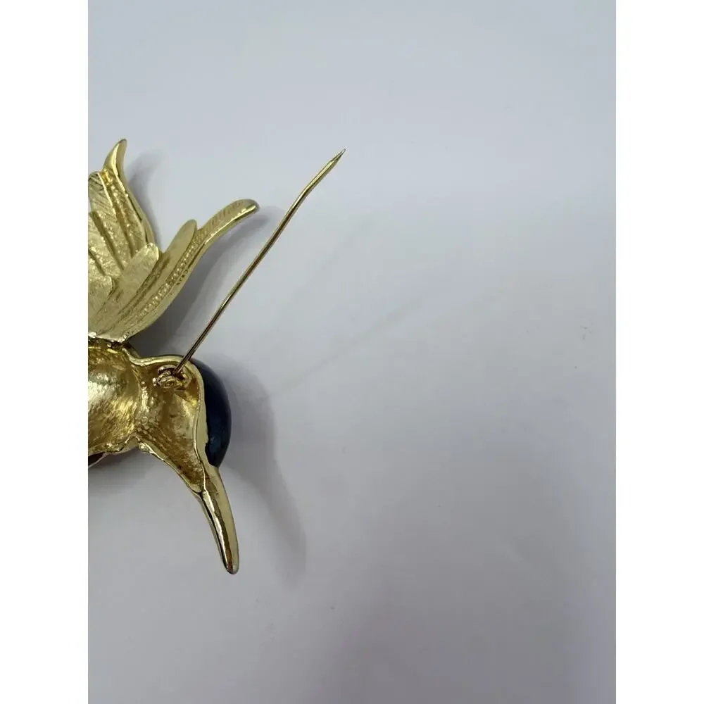 Vintage Hummingbird Statement Brooch Pin Gold Green Blue Rhinestone Cottage Core